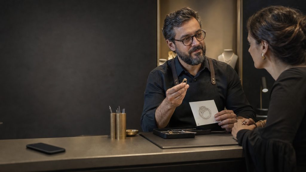 Joalheiro apresenta um anel e um desenho à cliente durante atendimento consultivo
