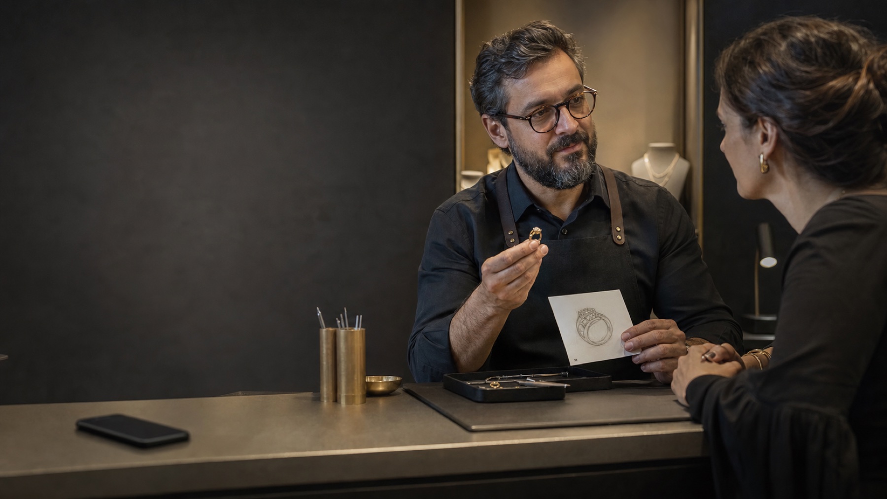 Joalheiro apresenta um anel e um desenho à cliente durante atendimento consultivo