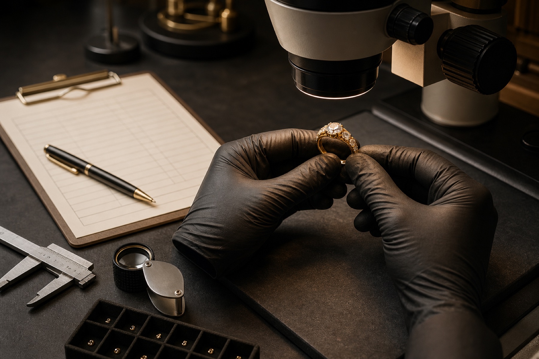 Profissional inspeciona anel de ouro com pedras sob microscópio durante o recebimento para cravação e reparo