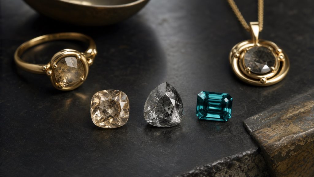 Diamantes champanhe e salt-and-pepper e turmalina azul-esverdeada sobre bancada escura de joalheiro
