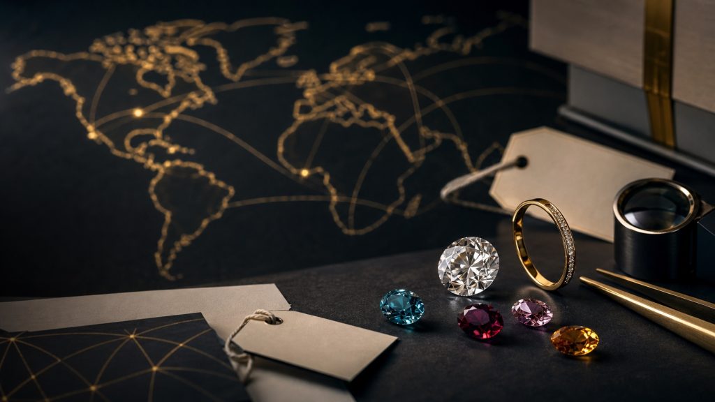 Gemas, diamante e aliança sobre bancada escura diante de mapa com rotas comerciais douradas