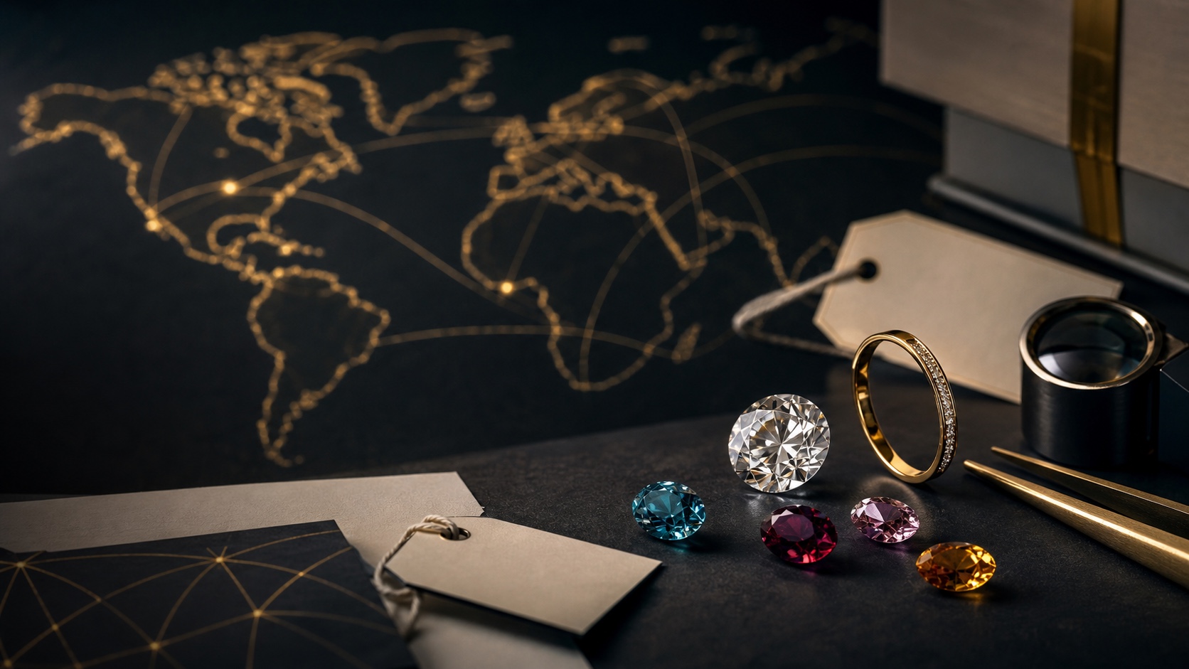 Gemas, diamante e aliança sobre bancada escura diante de mapa com rotas comerciais douradas