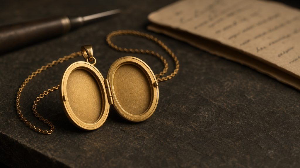 Medalhão personalizado aberto em ouro sobre uma bancada de joalheiro