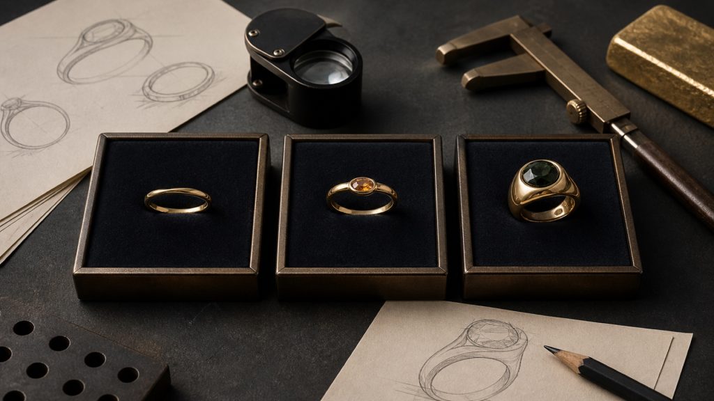 Três propostas de anéis em ouro apresentadas lado a lado com desenhos e ferramentas de joalheria