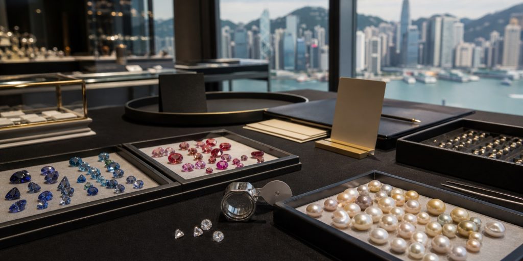 Mesa profissional de sourcing em Hong Kong com gemas coloridas, pérolas, diamantes e lupa de joalheiro