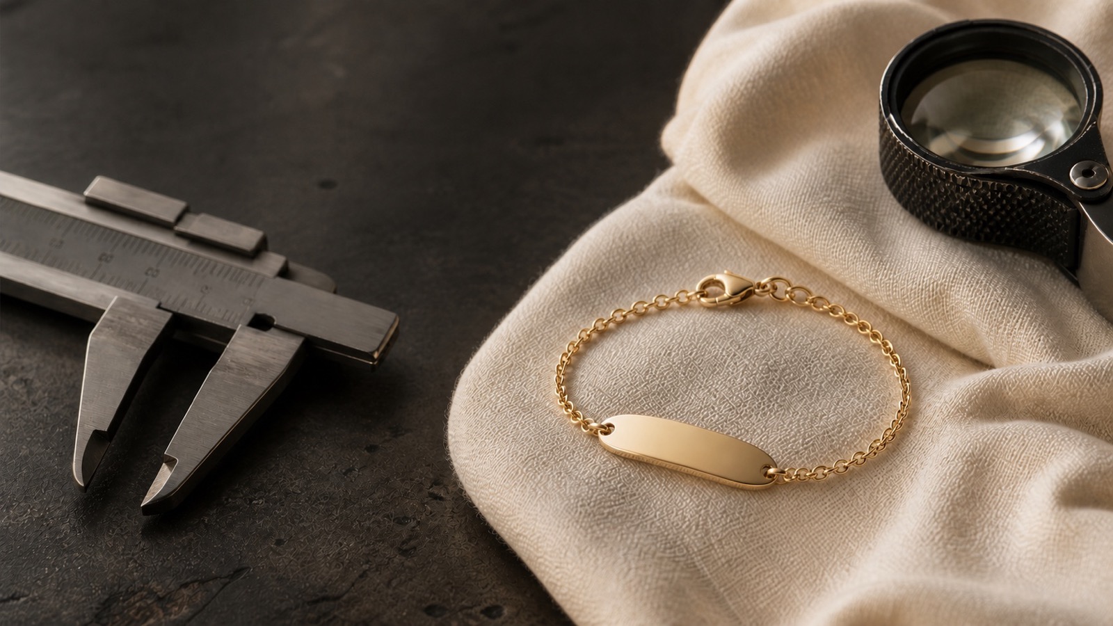 Pulseira infantil de ouro com placa lisa ao lado de lupa e paquímetro de joalheiro