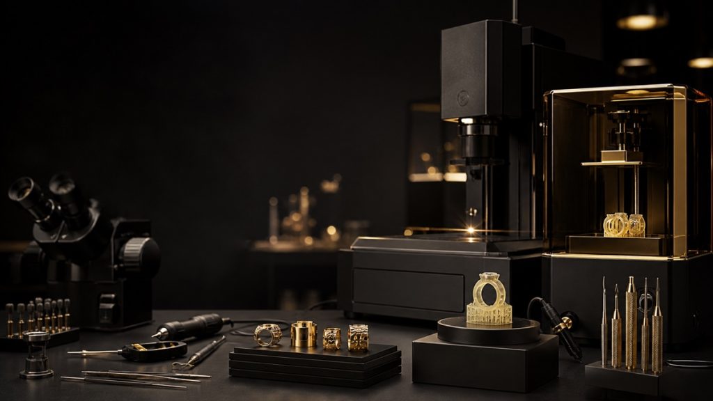 Oficina de joalheria com impressora 3D, microscópio, protótipos de anéis e ferramentas de precisão
